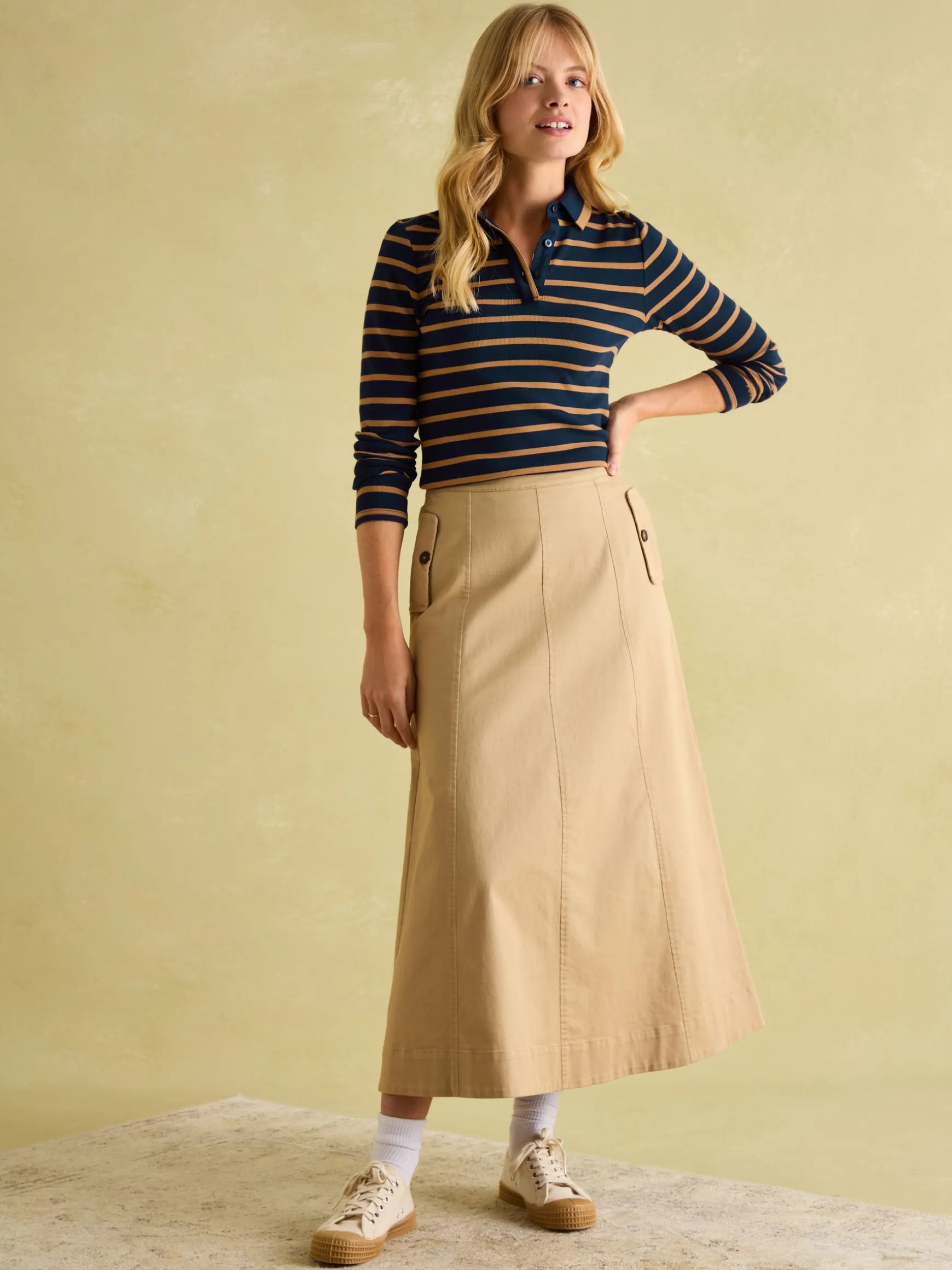 Fairfield Navy & Tan Long Sleeve Ribbed Polo Shirt