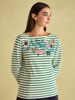 Festive Harbour Green/White Boat Neck Breton Top