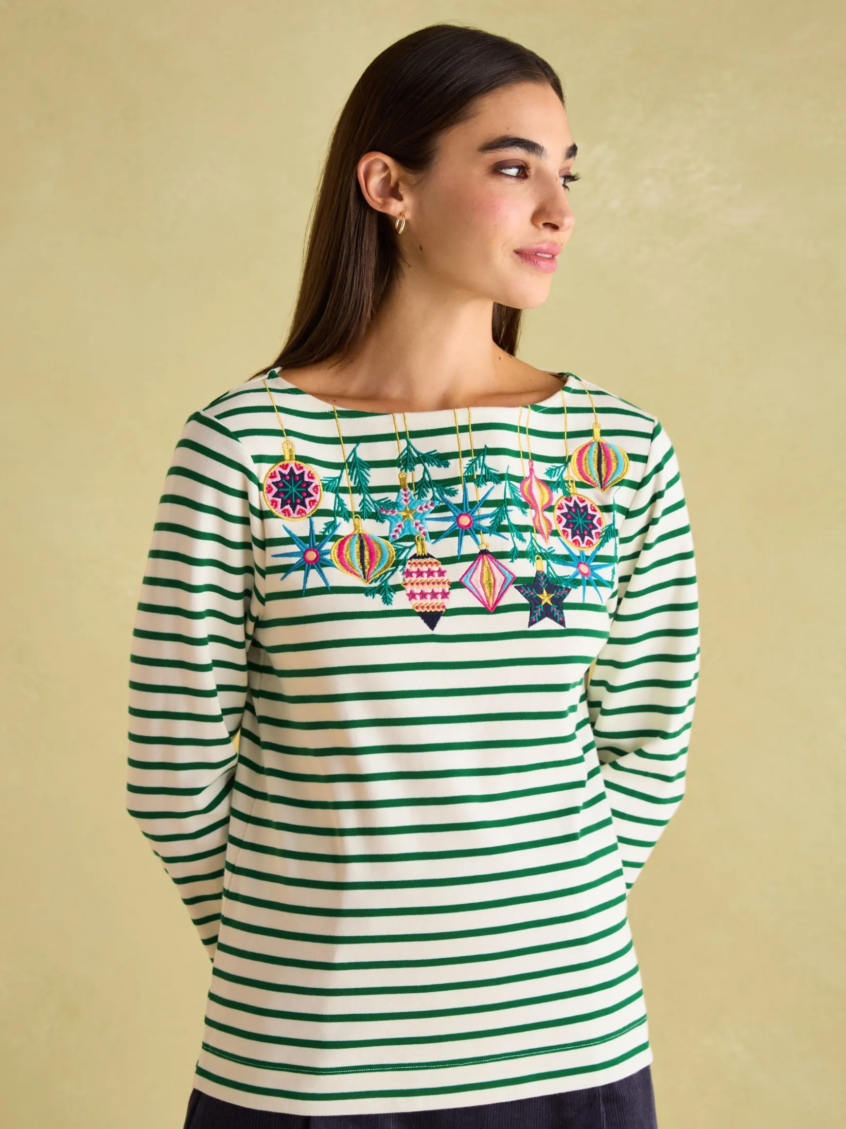 Festive Harbour Green/White Boat Neck Breton Top