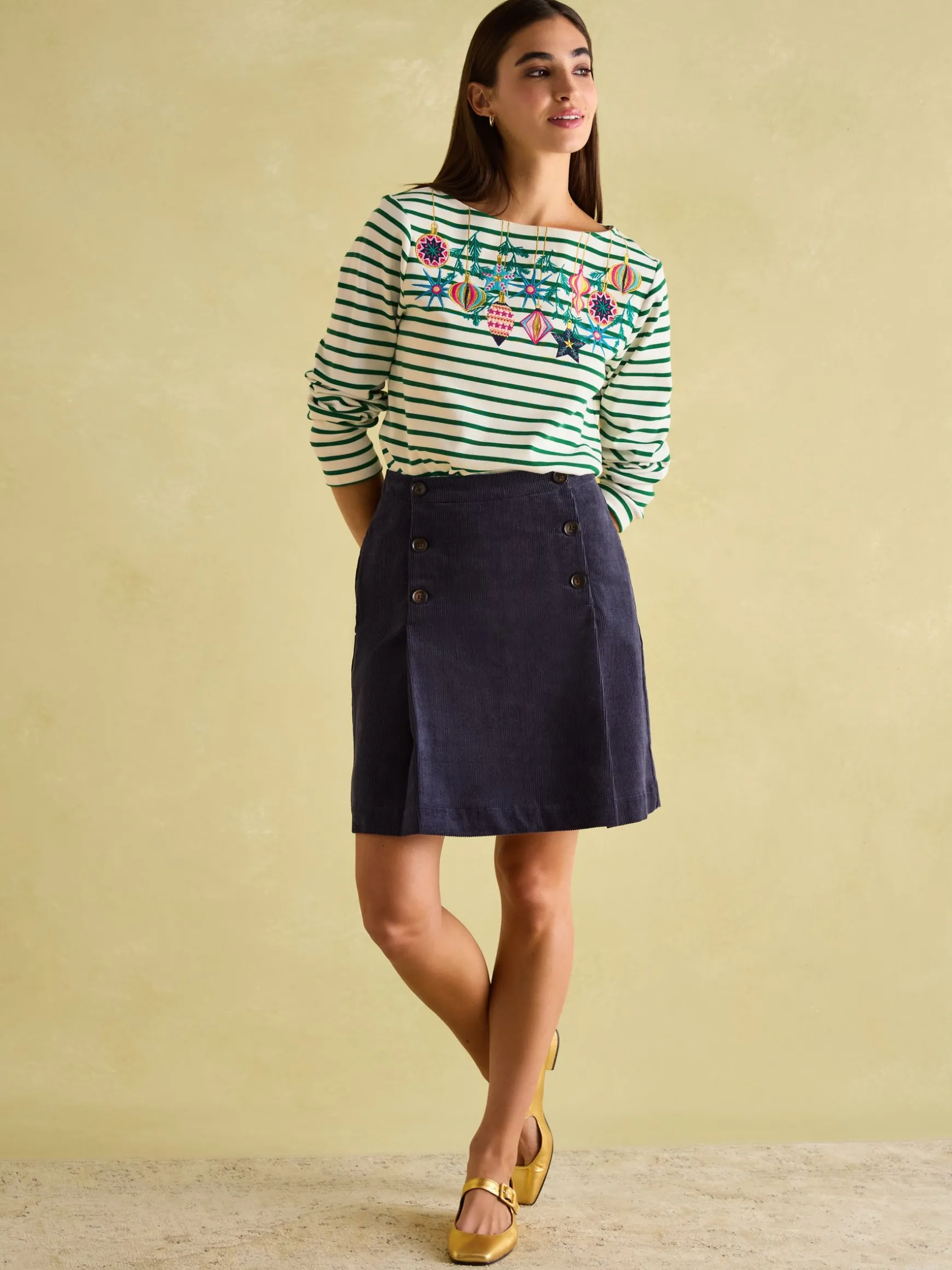 Festive Harbour Green/White Boat Neck Breton Top