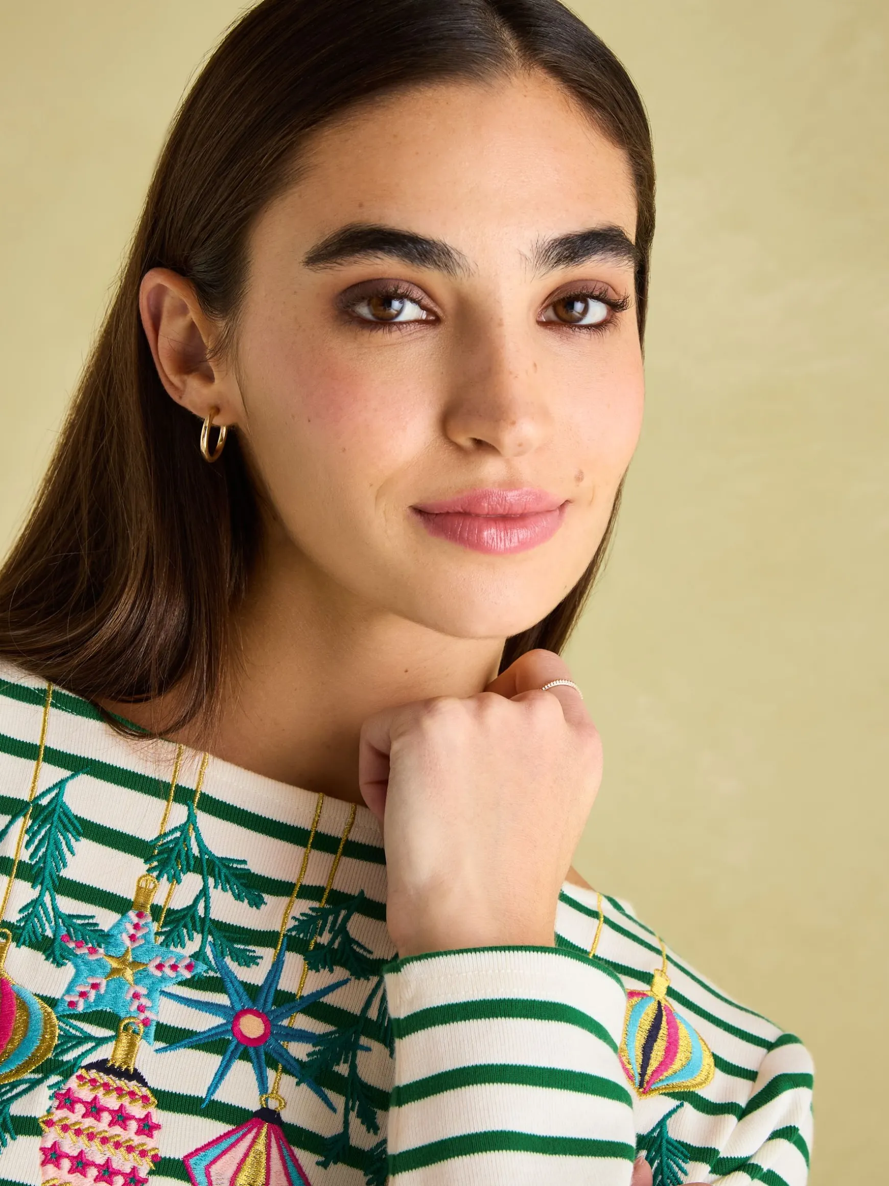 Festive Harbour Green/White Boat Neck Breton Top