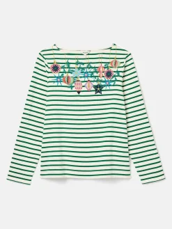 Festive Harbour Green/White Boat Neck Breton Top