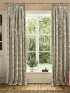 Floral Foulard Set of 2 Green & Cream Blackout Pencil Pleat Curtains