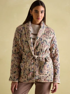 Floral Paisley Cotton Quilted Jacket With Belt