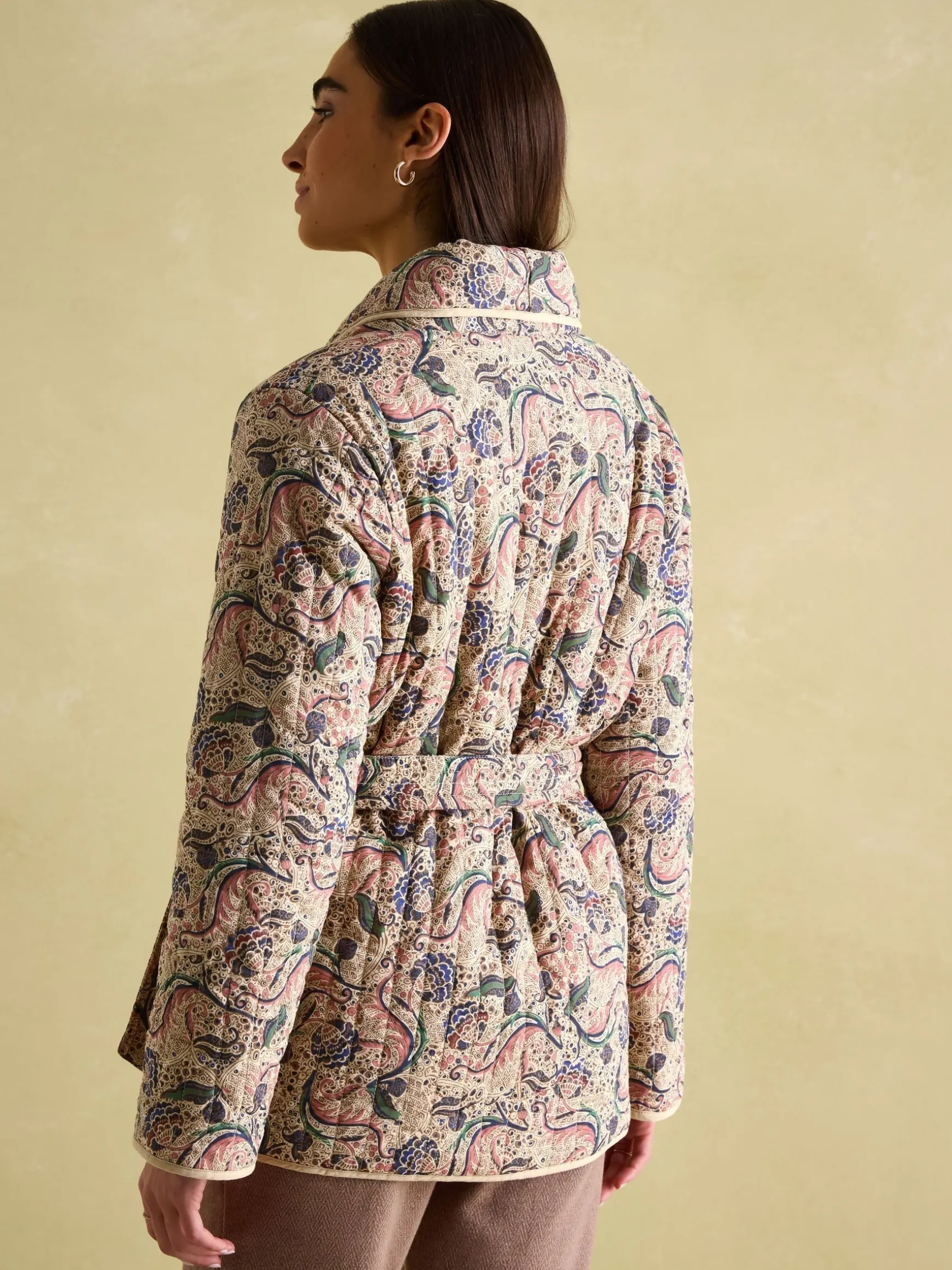Floral Paisley Cotton Quilted Jacket With Belt