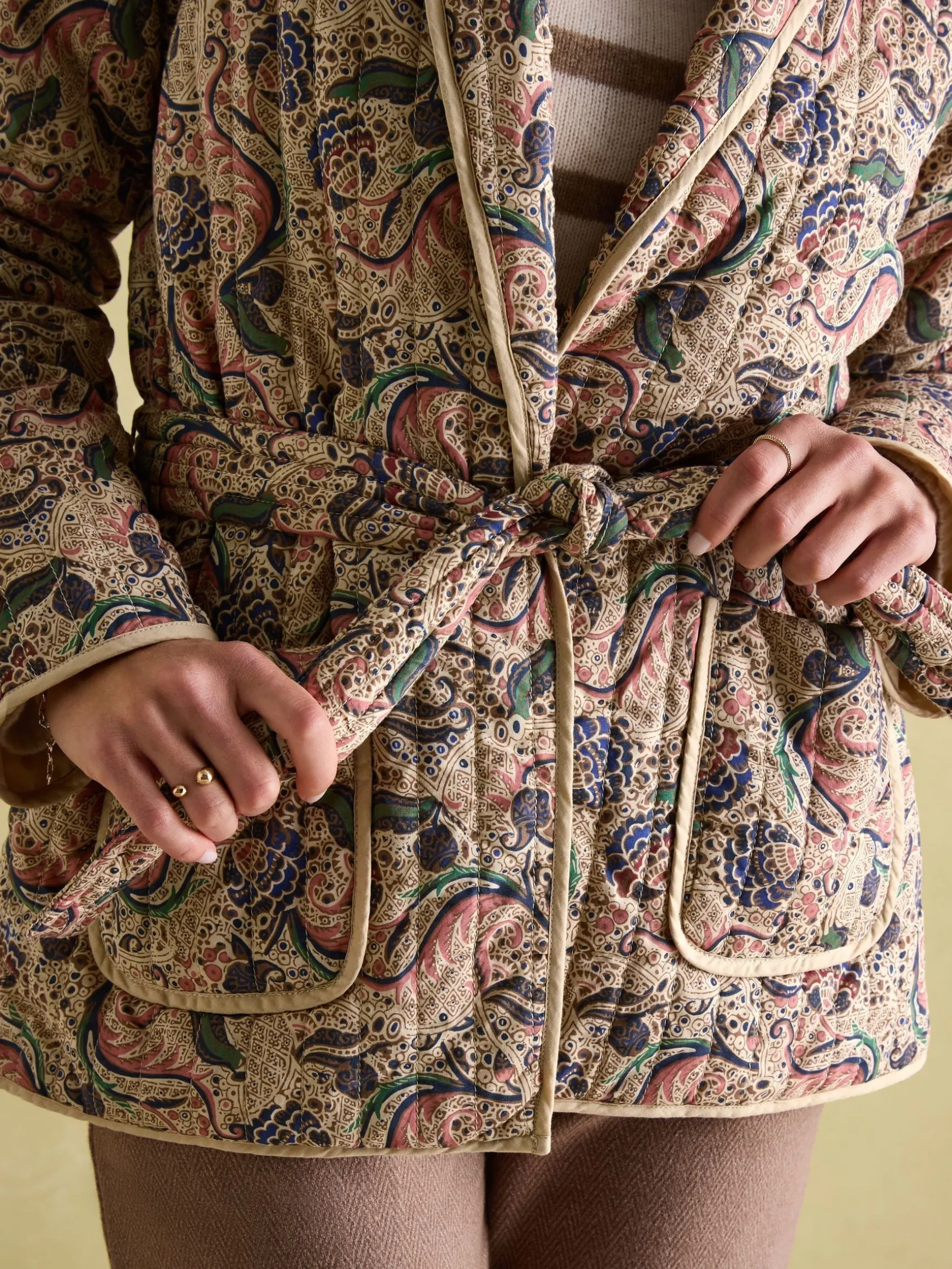 Floral Paisley Cotton Quilted Jacket With Belt
