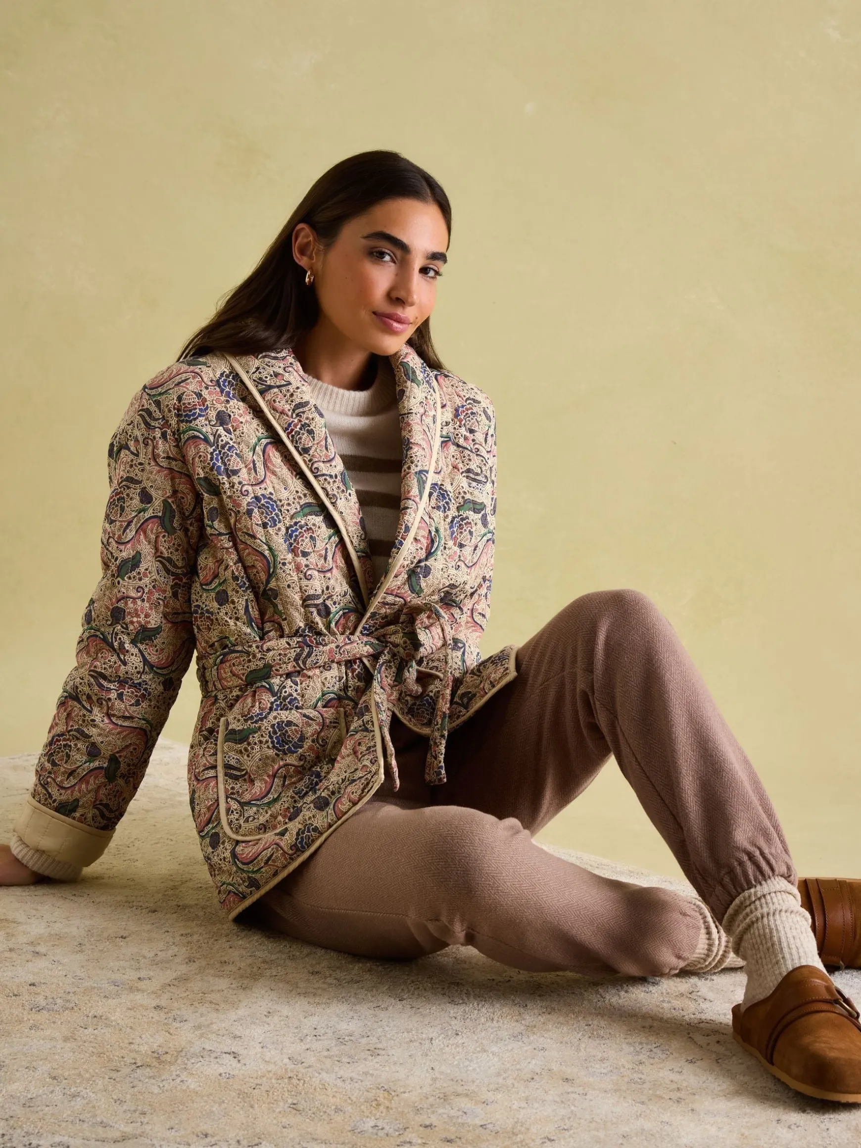 Floral Paisley Cotton Quilted Jacket With Belt