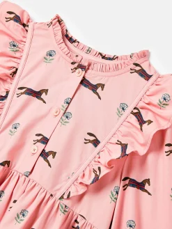 Florence Pink Horse Print Long Sleeve Frilled Dress