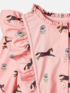 Florence Pink Horse Print Long Sleeve Frilled Dress