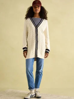 Game Point Cream/Navy Button Through Longline Cable Knit Cardigan