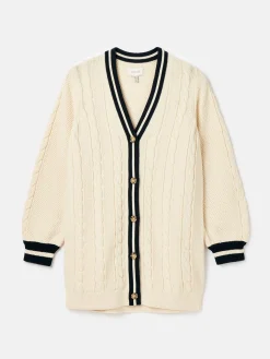 Game Point Cream/Navy Button Through Longline Cable Knit Cardigan