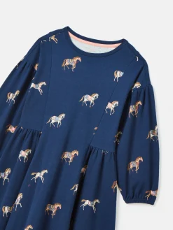 Girls' Aubrey Navy Horse Print Jersey Dress