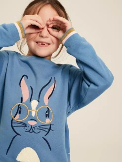 Girls' Mackenzie Blue Rabbit Embroidered Artwork Crew Neck Sweatshirt