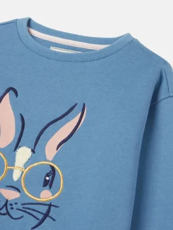 Girls' Mackenzie Blue Rabbit Embroidered Artwork Crew Neck Sweatshirt