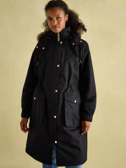 Harpsden Cosy Black Waterproof Fleece Lined Raincoat with Faux Fur Hood