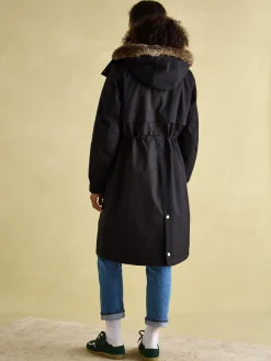 Harpsden Cosy Black Waterproof Fleece Lined Raincoat with Faux Fur Hood