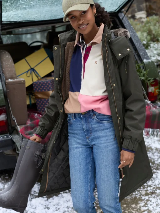 Harpsden Cosy Khaki Green Waterproof Fleece Lined Raincoat with Faux Fur Hood