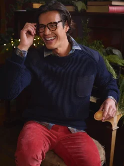 Hatfield Navy Jumper with Woven Patch Detailing