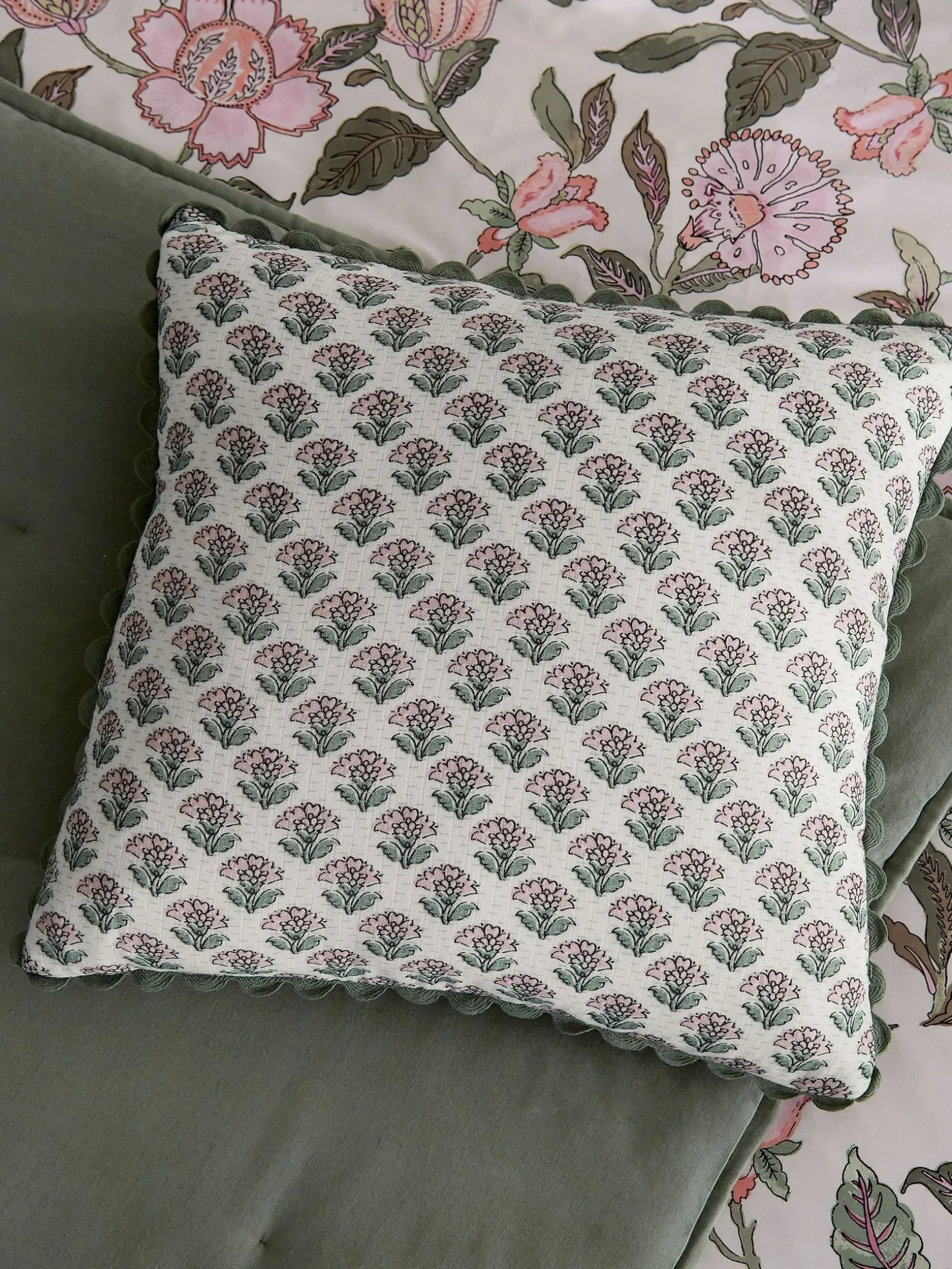 Indienne Green 100% Cotton Printed Cushion
