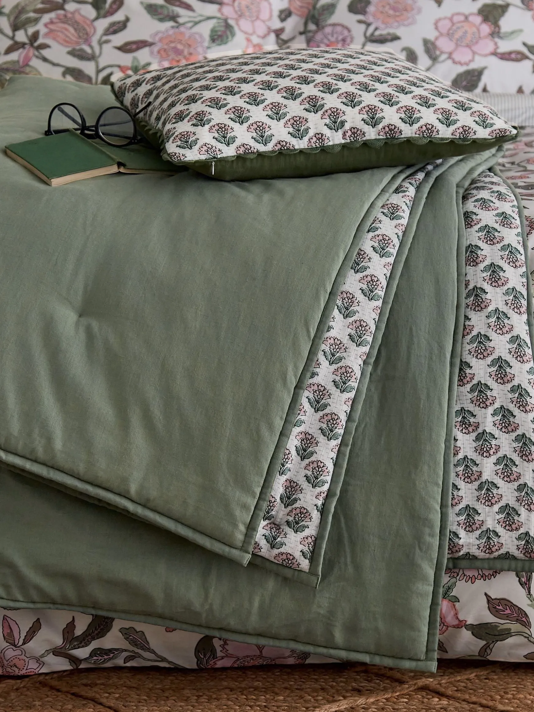 Indienne Green 100% Cotton Printed Cushion