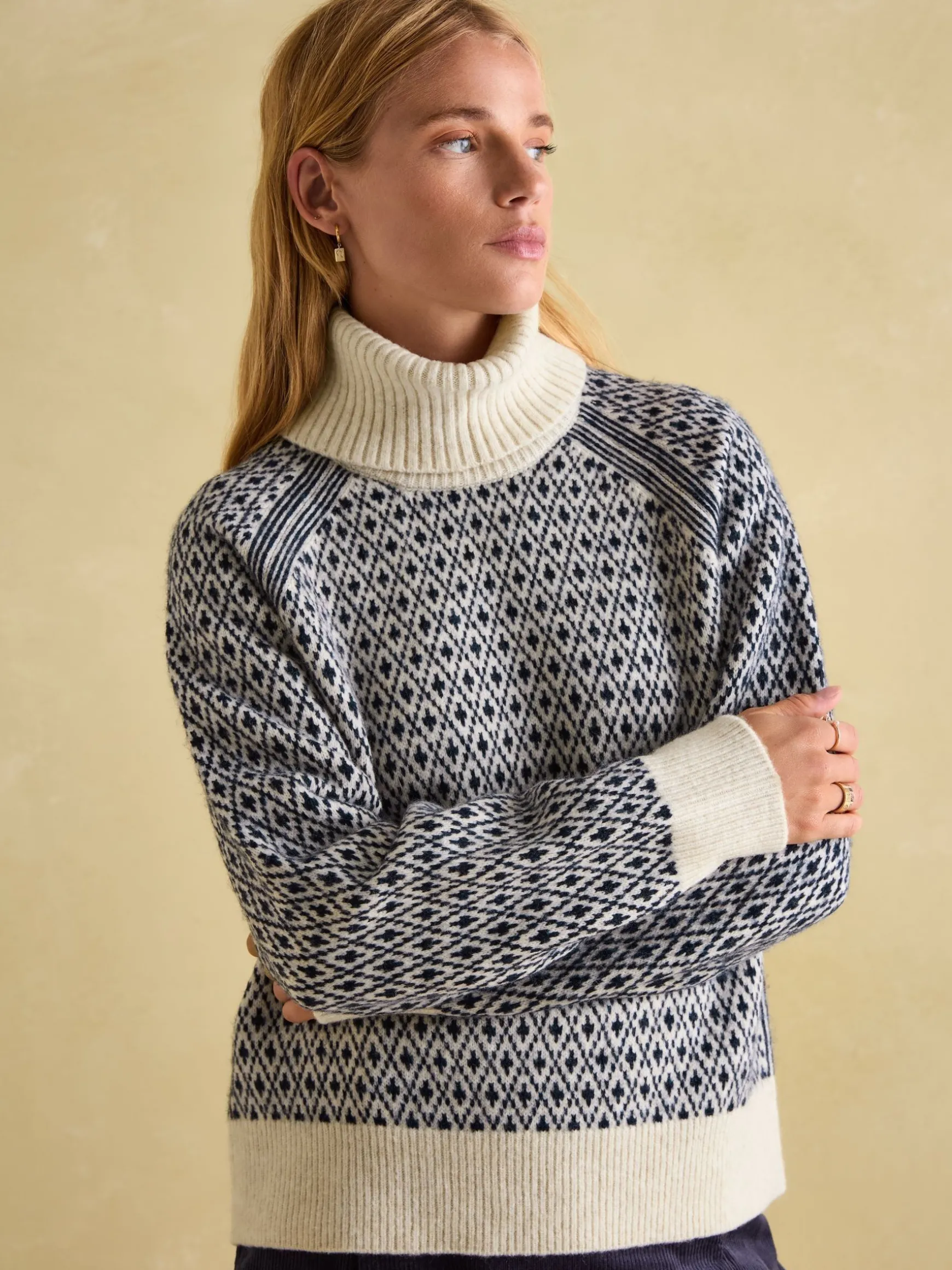 Ingrid Cream/Navy Patterned Jumper with Detachable Roll Neck