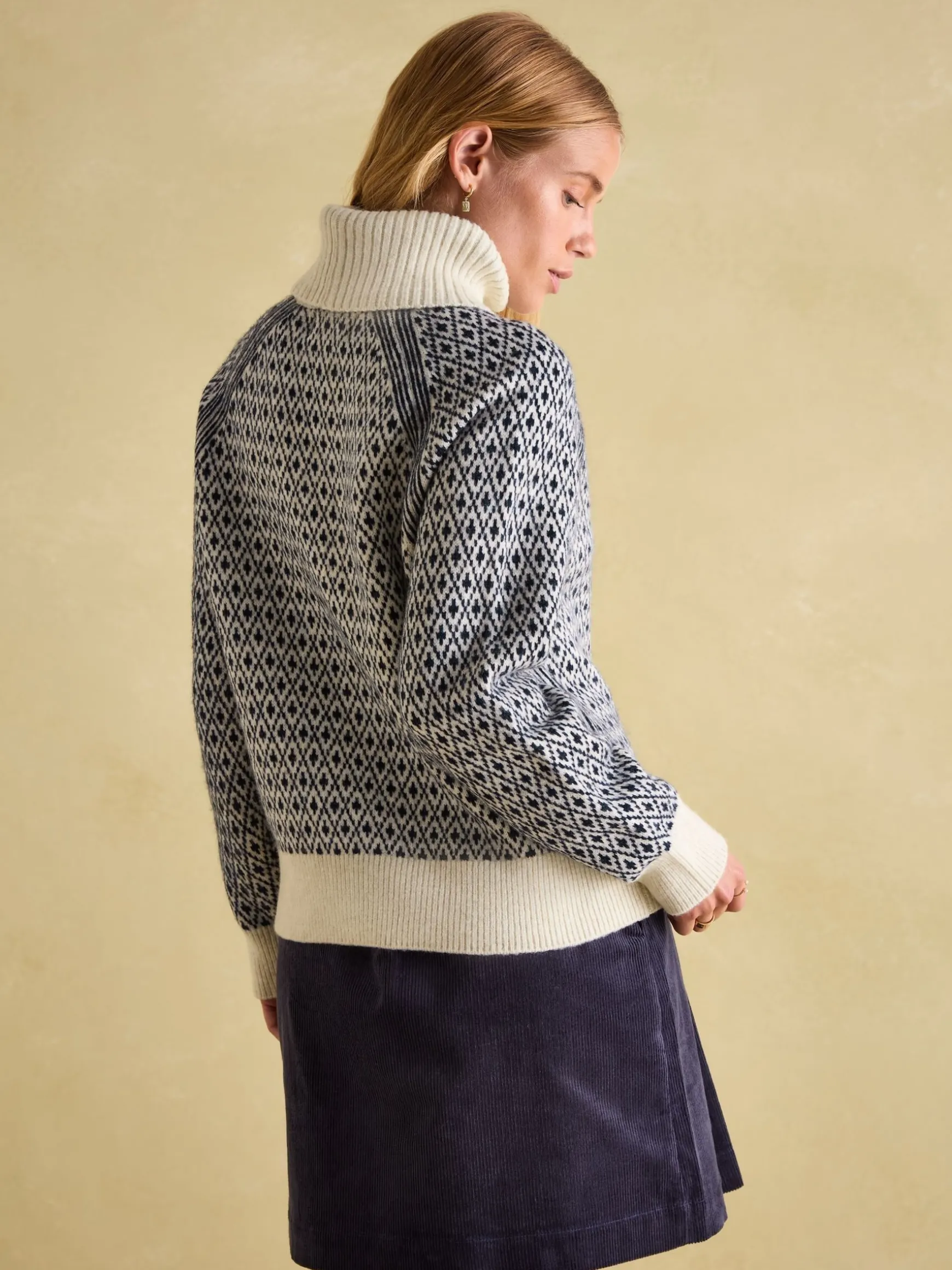 Ingrid Cream/Navy Patterned Jumper with Detachable Roll Neck