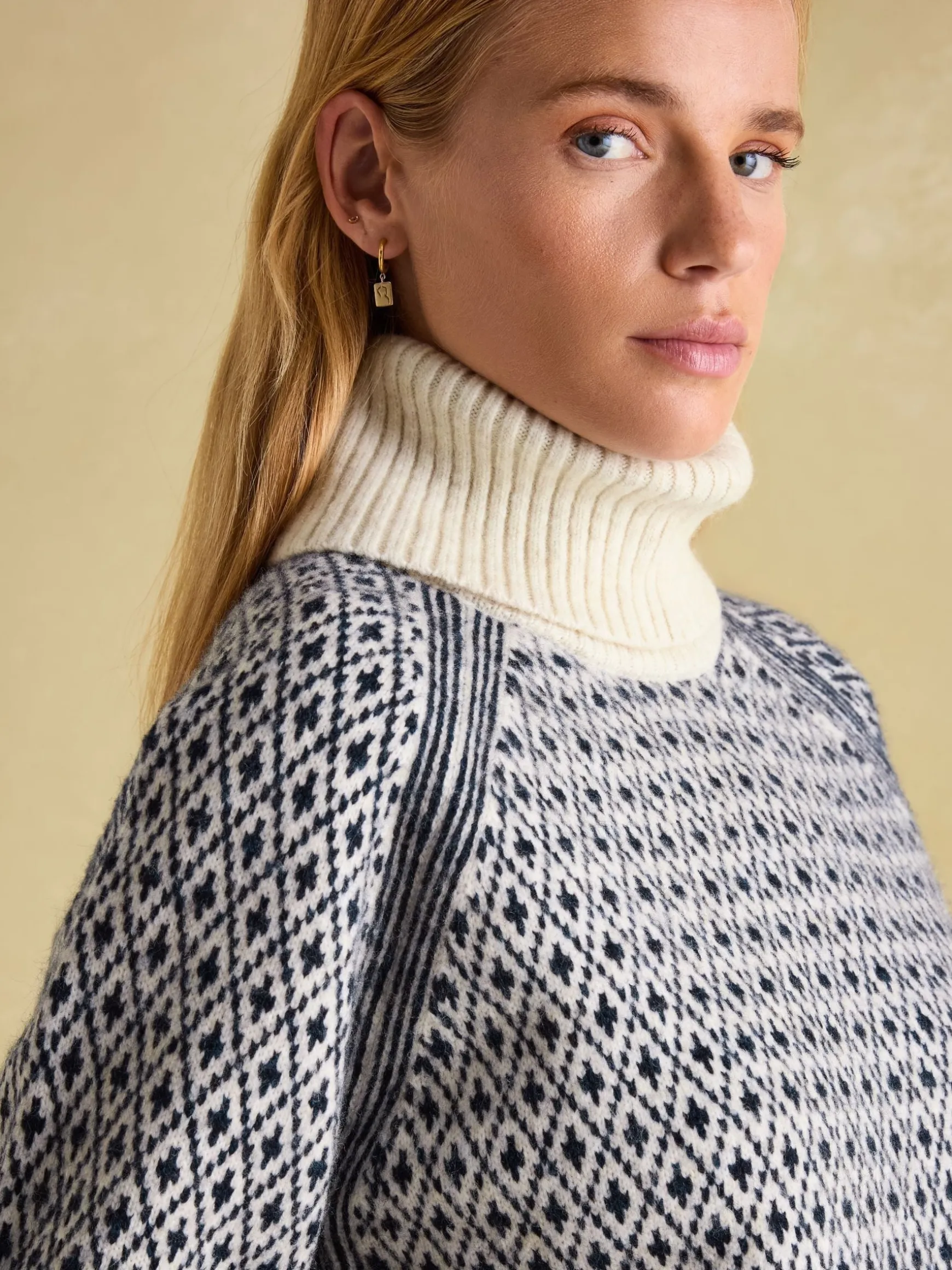 Ingrid Cream/Navy Patterned Jumper with Detachable Roll Neck