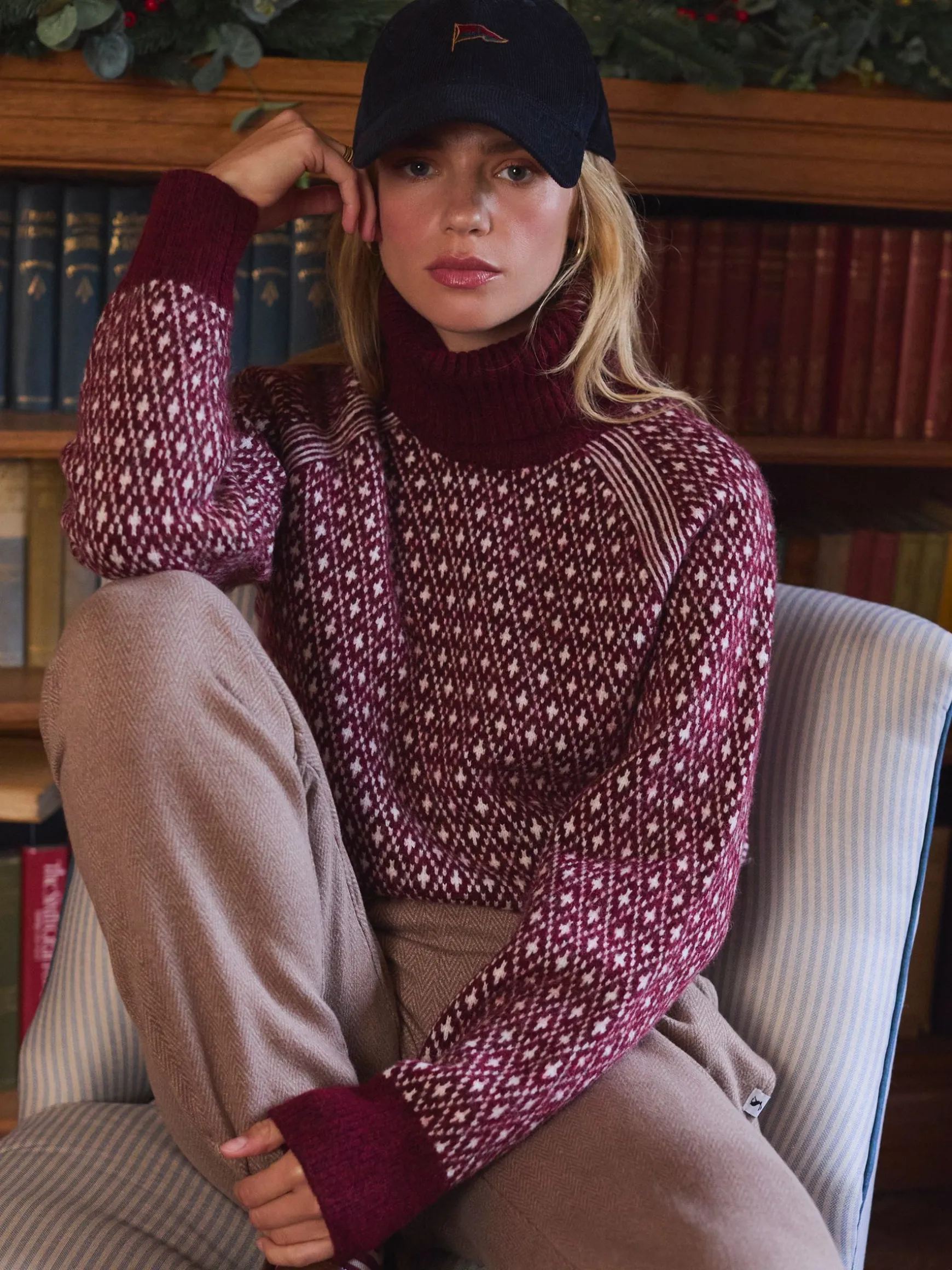 Ingrid Cream/Red Patterned Jumper with Detachable Roll Neck