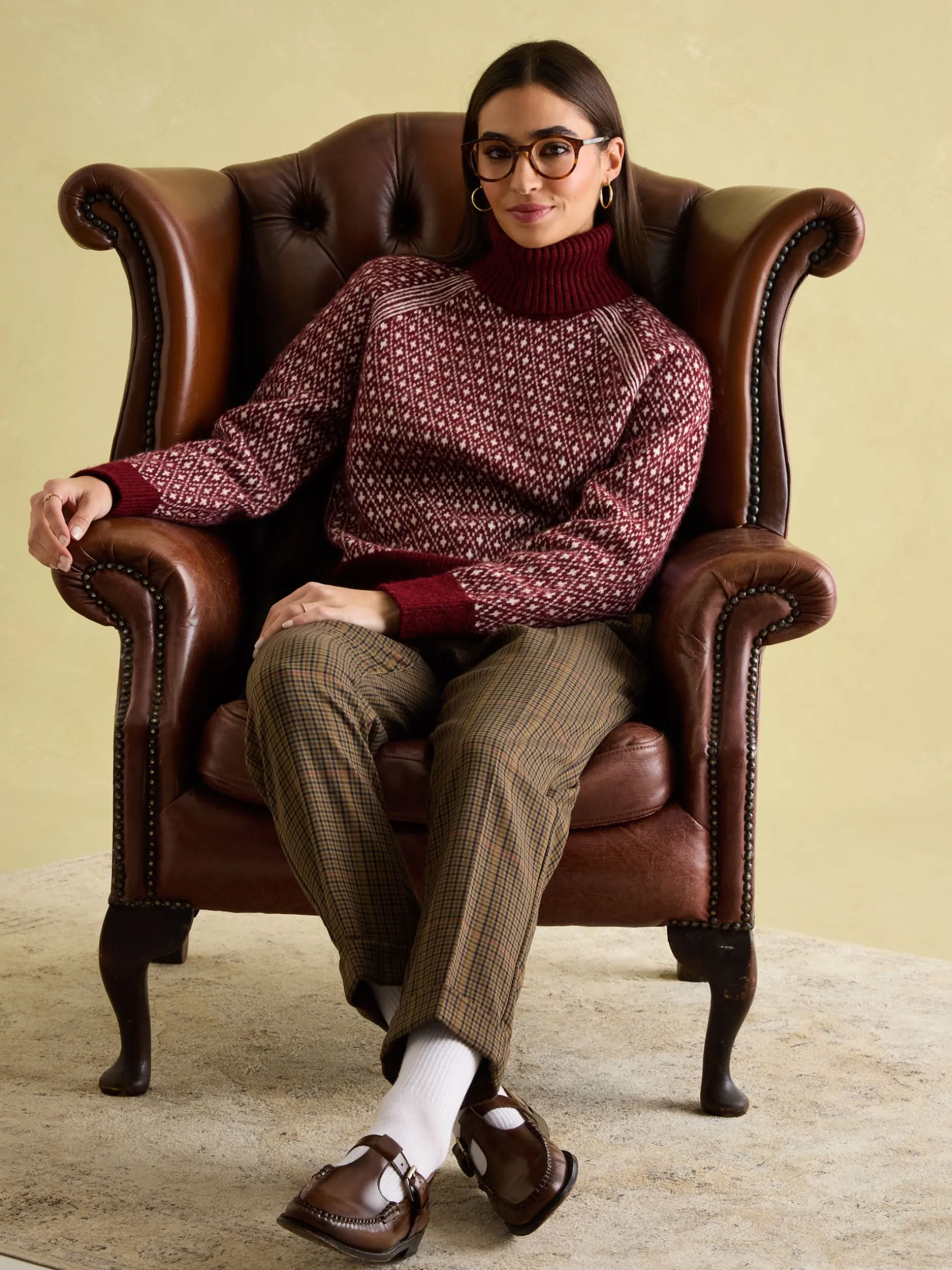 Ingrid Cream/Red Patterned Jumper with Detachable Roll Neck