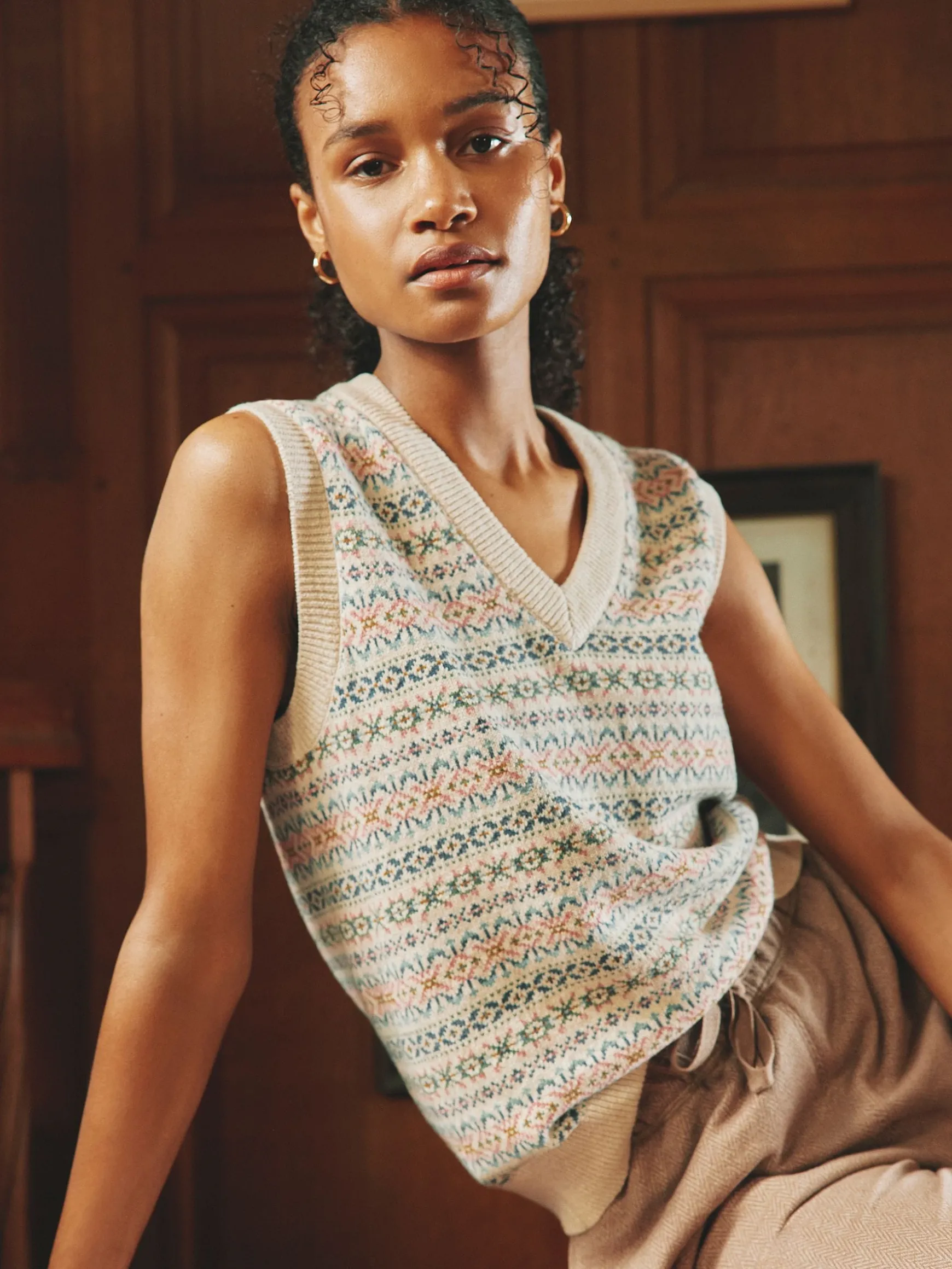 Islay Oatmeal V Neck Fair Isle Knitted Vest