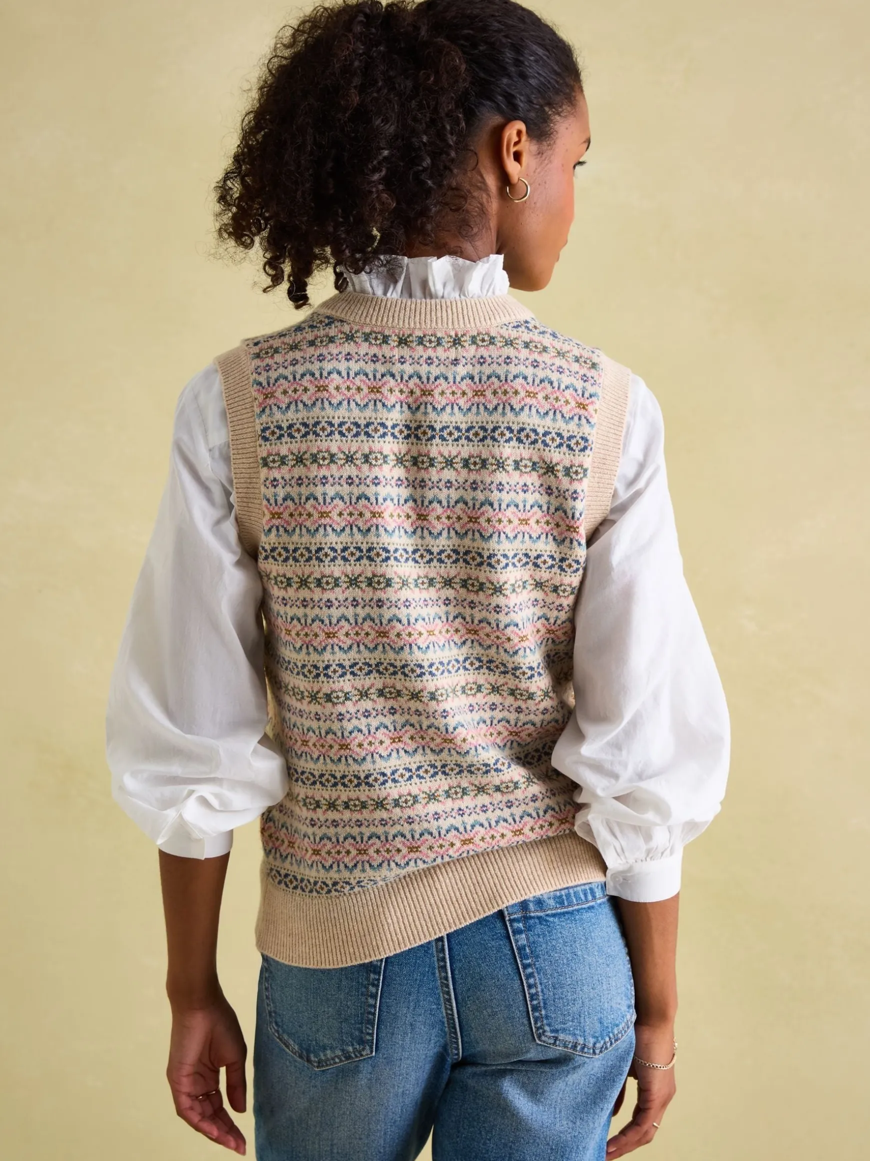 Islay Oatmeal V Neck Fair Isle Knitted Vest