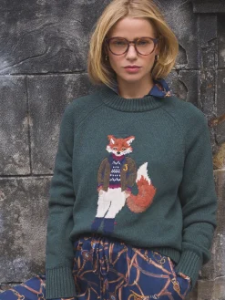 Jonty Dark Green Intarsia Fox Knit Jumper