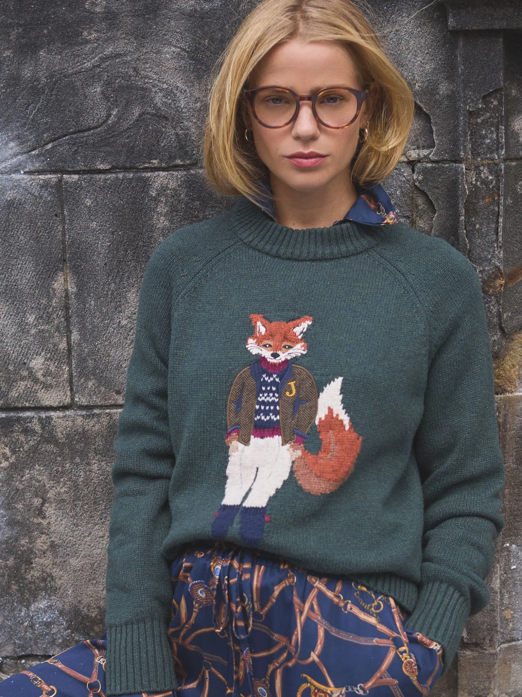 Jonty Dark Green Intarsia Fox Knit Jumper