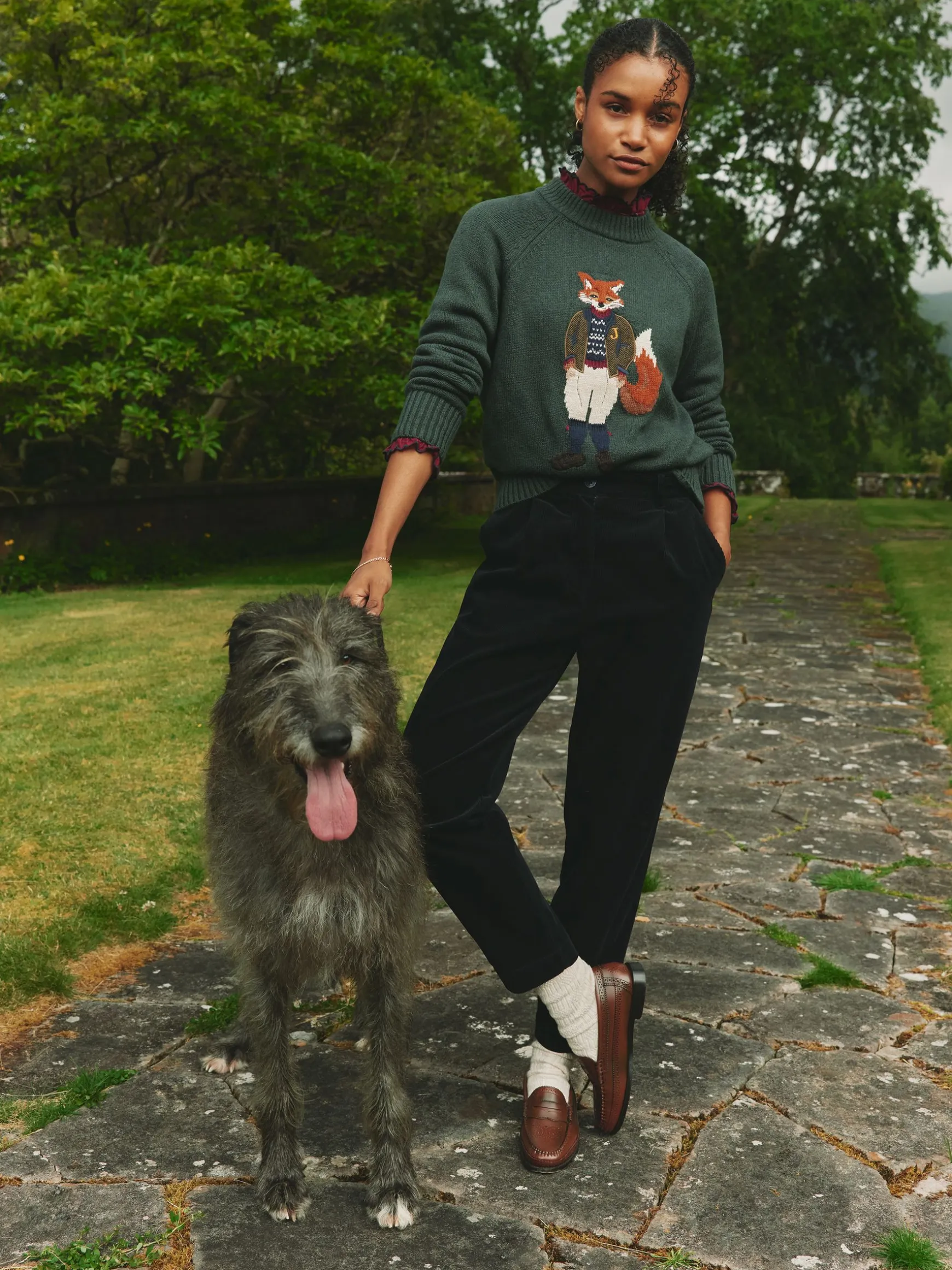 Jonty Dark Green Intarsia Fox Knit Jumper