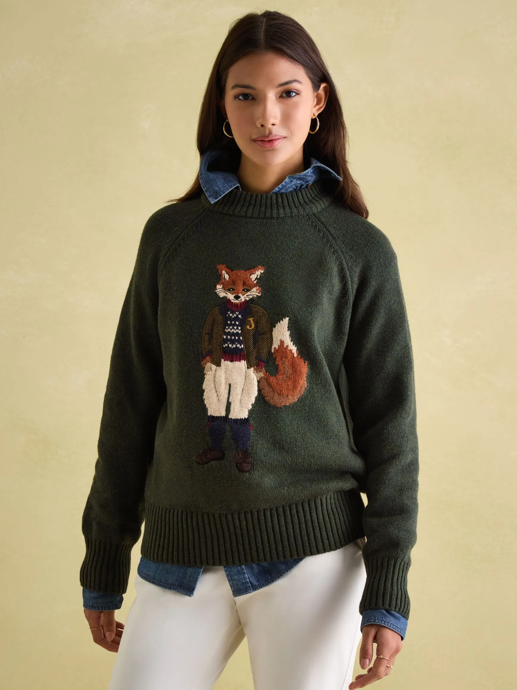 Jonty Dark Green Intarsia Fox Knit Jumper