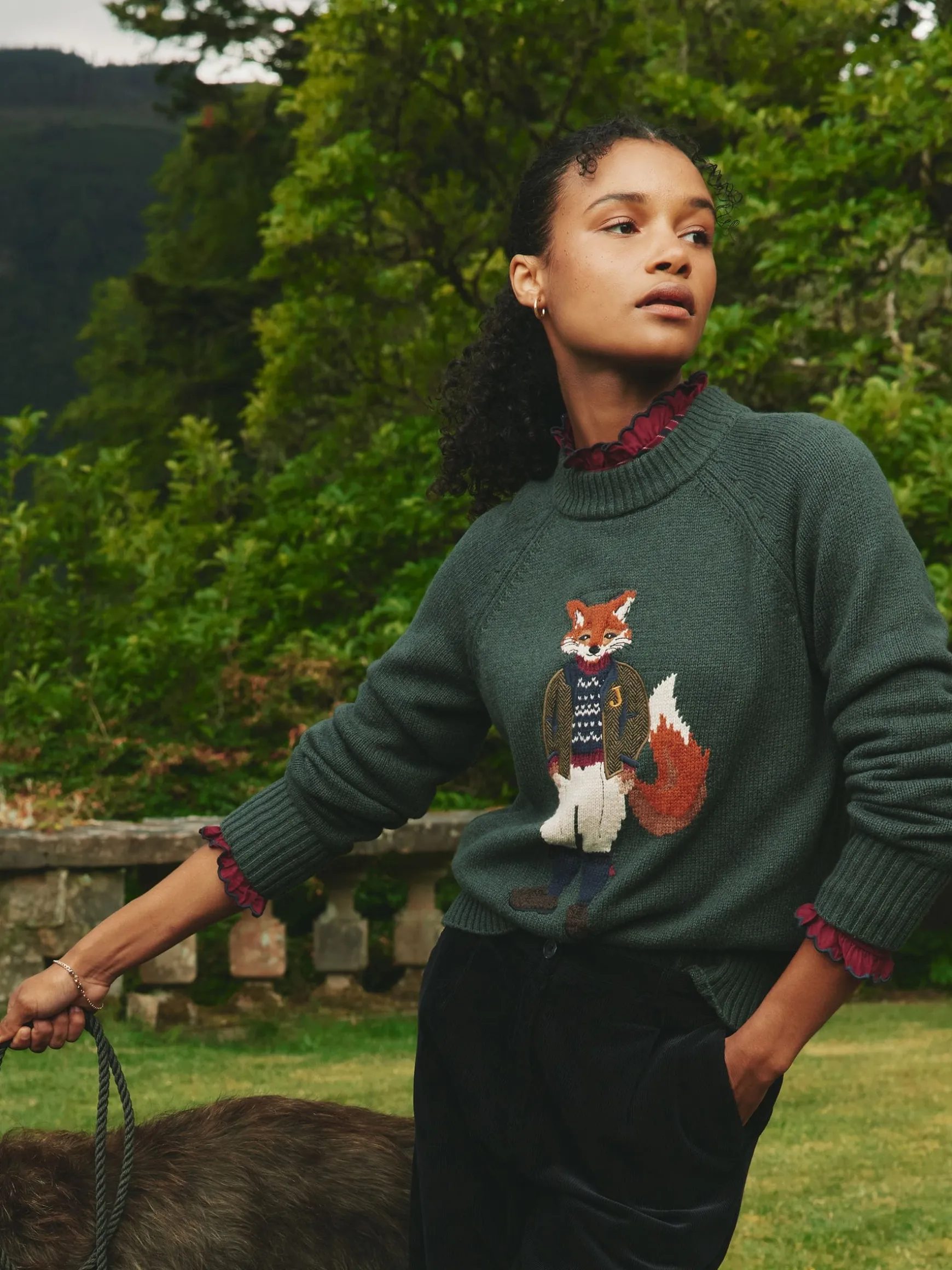 Jonty Dark Green Intarsia Fox Knit Jumper