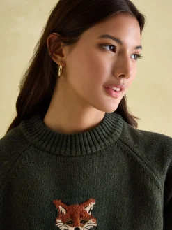 Jonty Dark Green Intarsia Fox Knit Jumper