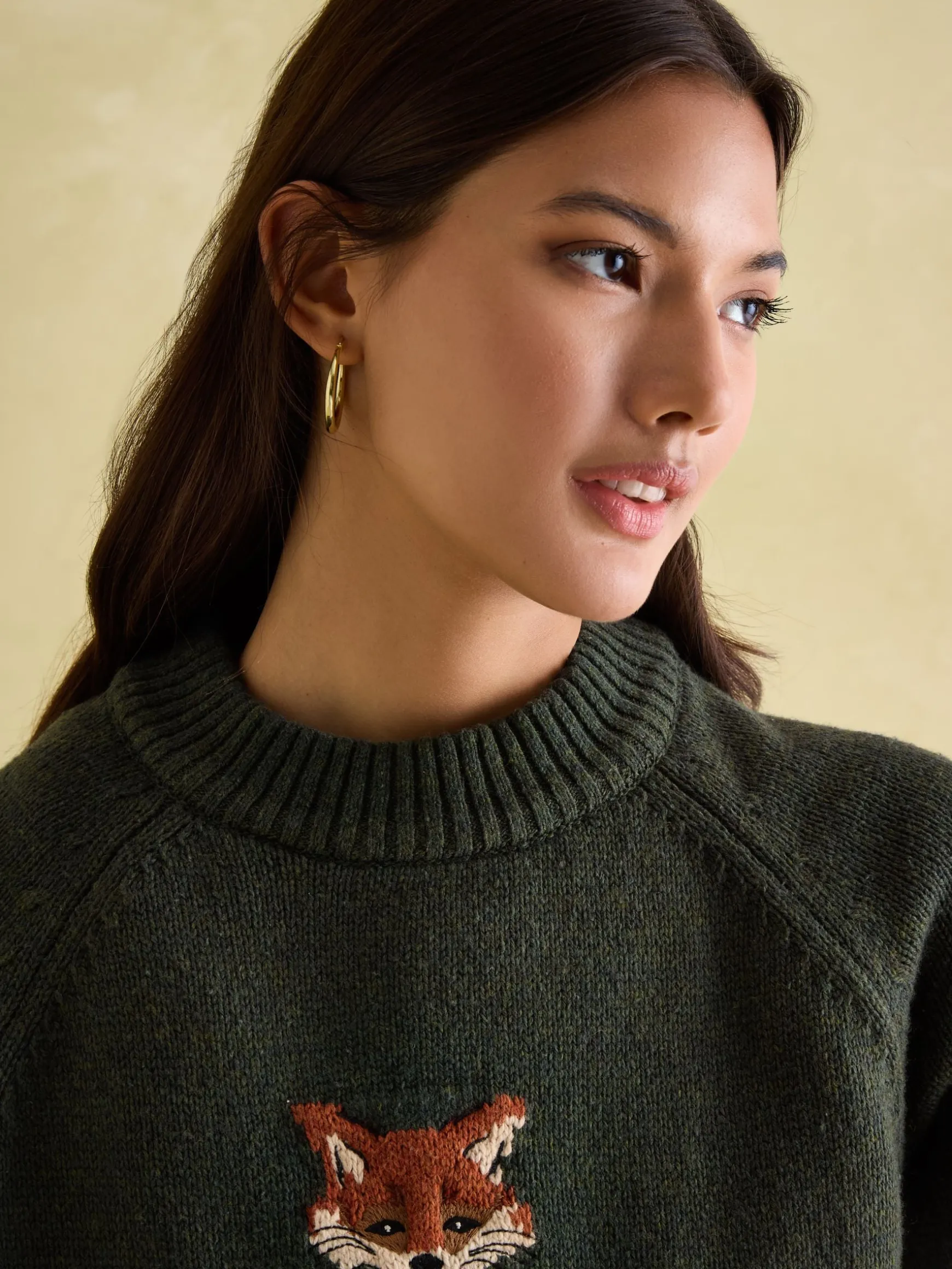 Jonty Dark Green Intarsia Fox Knit Jumper