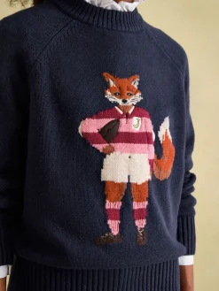 Jonty Navy Blue Intarsia Fox Knit Jumper