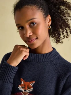 Jonty Navy Blue Intarsia Fox Knit Jumper