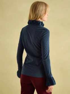 Kate Navy Sparkle Long Sleeve Frilled Neck Top