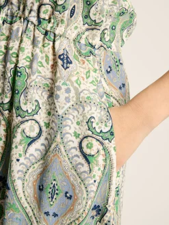 Lillia Blue/Green Tie Waist Tiered Dress