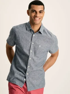 Linen Blend Blue Plain Short Sleeve Shirt