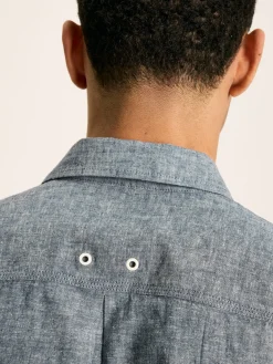 Linen Blend Blue Plain Short Sleeve Shirt