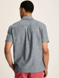 Linen Blend Blue Plain Short Sleeve Shirt