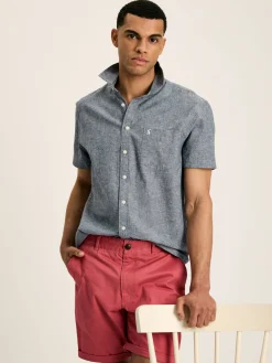 Linen Blend Blue Plain Short Sleeve Shirt