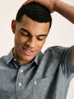 Linen Blend Blue Plain Short Sleeve Shirt