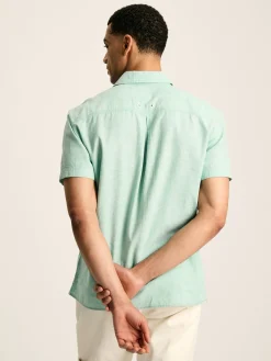 Linen Blend Green Plain Short Sleeve Shirt