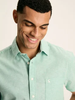 Linen Blend Green Plain Short Sleeve Shirt