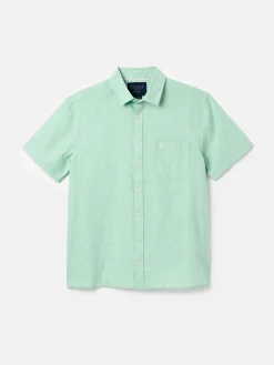 Linen Blend Green Plain Short Sleeve Shirt